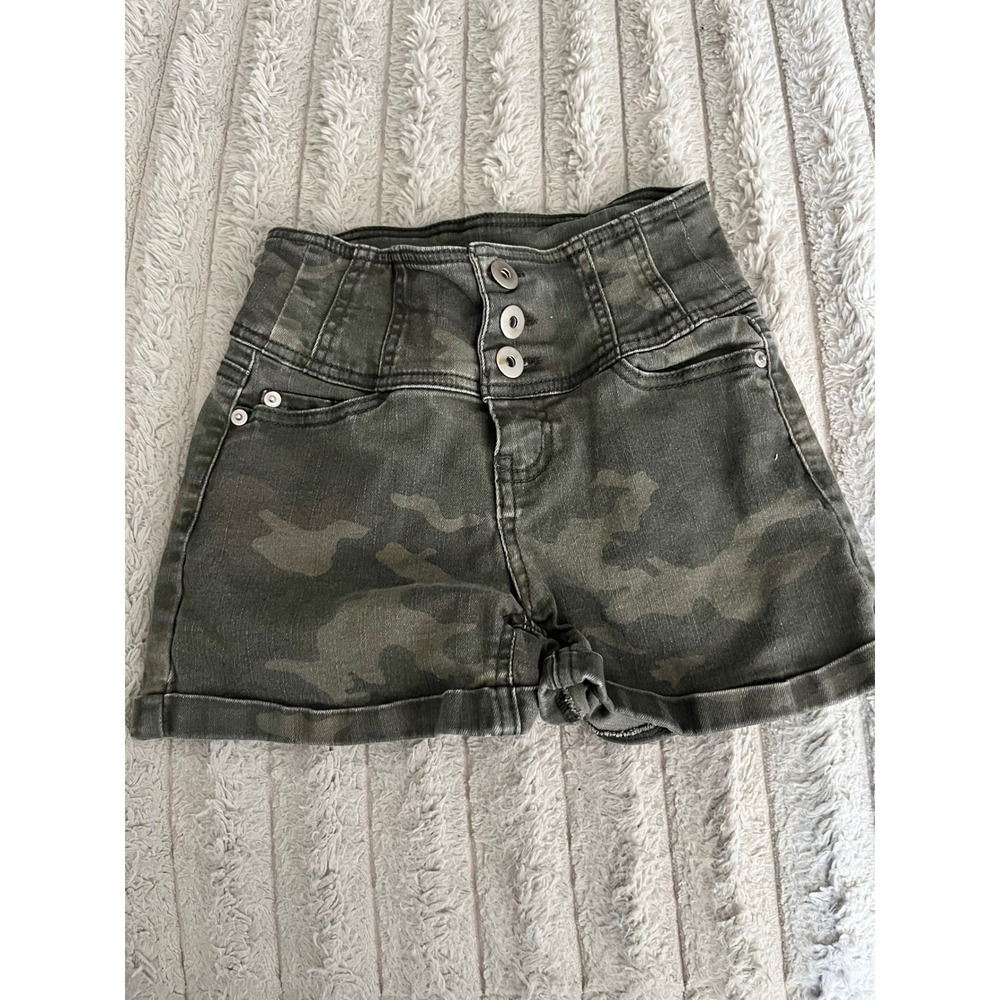 High Rise Camo Denim Shorts Green Brown Camouflage Triple Button Fly Size 12